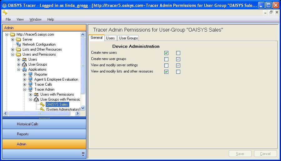 Users: Allow users/groups permission to view, edit, and delete users, view or change permissions for the administrative client (per user), view or change permissions for the client application (per