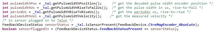 7.5.4.3. CTR Magnetic Encoder (absolute) Java 7.6. Multiple Talon SRXs and single sensor There are many uses where a mechanism requires multiple Talon SRXs but a single sensor.