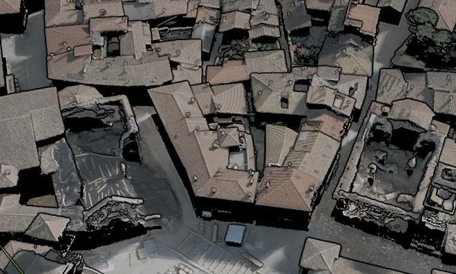 (a) Figure 8. Shaded 3D point cloud of Norcia with RGB information (b) Figure 9. 3D point cloud of damaged buildings in Norcia and height profile along a section.