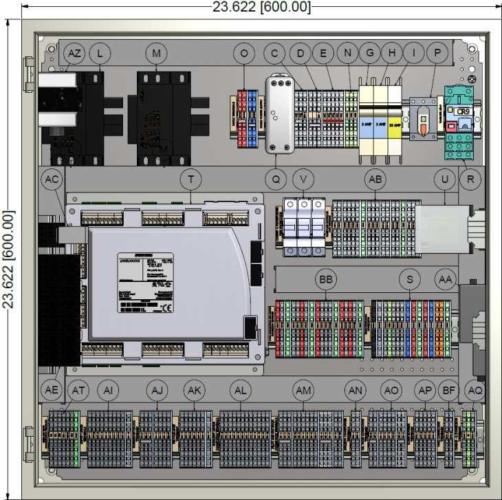 Internal Panel Parts Descriptions 24 x 24 x 10 Combustion Enclosure TS-CEx22-xXXx-xX2-XXXX A- N/A B- N/A C- 120 VAC H1 power distribution terminals D- 120 VAC H2 power distribution terminals E-