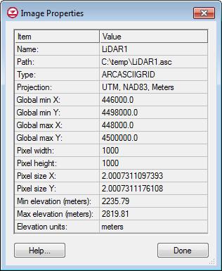 Figure 3. Image properties. Notice that the path to the file on disk is shown along with the image type, projection information, extents in X and Y, pixel resolution and size, and elevation data.