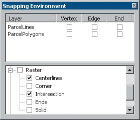 4 Click the Editor menu and click Snapping to open the Snapping Environment dialog box Creating line features by tracing raster cells Now that you have set up your raster snapping environment, you