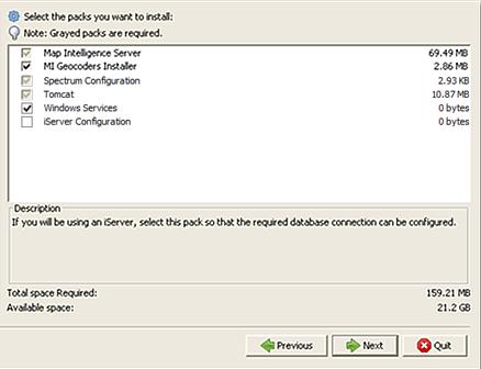 Figure 9. Select packs dialog box. The Map Intelligence Server, Spectrum Configuration, and Tomcat check boxes are mandatory selections and cannot be deselected. 15.