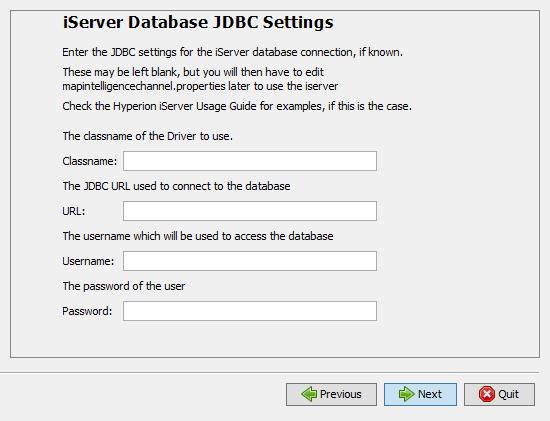 Figure 13. iserver Database JDBC Settings. 29. Click the Next button to continue. 30. The Administrator credentials dialog box will appear.