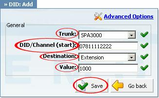 Using the Sipura SPA 3000 as a SIP/PSTN gateway with PBXware 32 DID/Channel (start): Enter your phone number as DID.