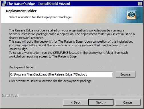 18 CHAPTER 1 8. Select Network and click Next. The Choose Destination Folder screen appears. 9. The location where the installation wizard will install The Raiser s Edge appears.