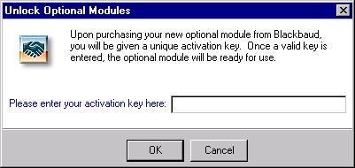 40 CHECKLIST TO GET STARTED ON THE RAISER S EDGE Unlock an optional module 1. From the shell menu bar in The Raiser s Edge, select Tools, Unlock Add-on Modules.