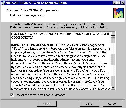 59 5. Click Run. The Microsoft Office XP Web Components End-User License Agreement screen appears. 6.