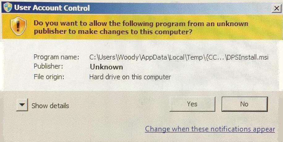 If you are running Windows 7, Windows may present a User Account Control no ce as shown in