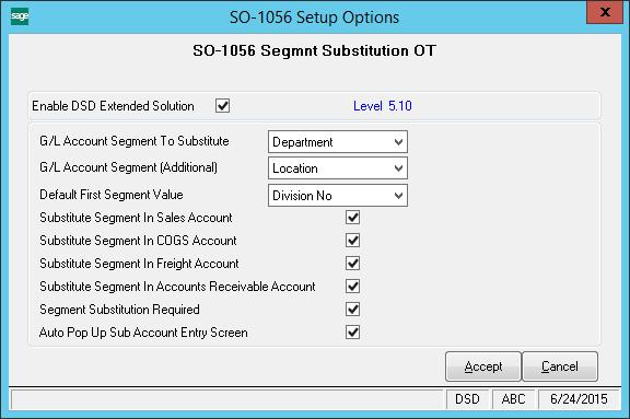 Segment Substitution On the Fly 11 Section C: Setup Upon completion of software installation, you will need to access the DSD Extended Solutions Setup from the Sales Order Setup menu.