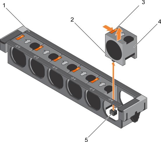 a. cooling fan assembly b. cooling fan connector (6) c. fan release tab (6) d. cooling fan (6) e. cooling fan connector on the system board (6) Install the cooling fan.