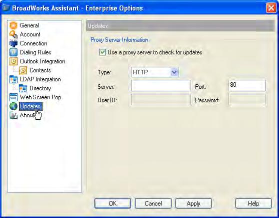 Figure 6 Options Dialog Update Page NOTE: The proxy server is not used to connect to Accella for telephony services; it is used only to silently check for available Toolbar upgrades.