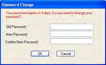 Figure 11 Login Your Password Will Expire Soon 1) Enter your old password. 2) Enter your new password twice, to confirm it. 3) Click OK.