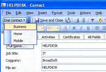 3) Click the arrow at the right-hand side of the Dial Contact drop-down list, on the Toolbar Toolbar within Outlook. 4) Select the type of number to call.