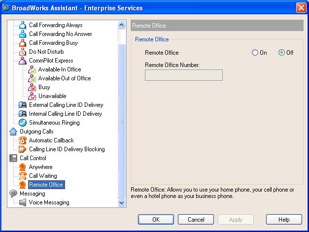 4.3.2 Remote Office The Remote Office service allows you to substitute a different phone number for your office phone number. You can open this page by clicking Remote Office on the Toolbar.