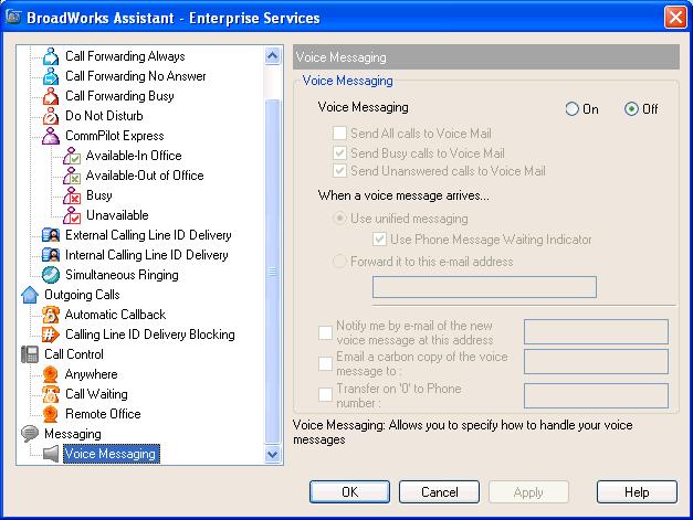 4.4 Messaging The Messaging pages in the Options dialog allow you to configure your Voice Messaging settings. 4.4.1 Voice Messaging The Voice Management page specifies how the system handles your voice messages.