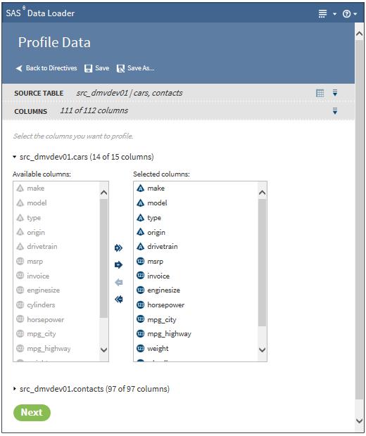 Profile Data 113 4 The Columns task displays the total number of columns that are to be processed in the profile report.