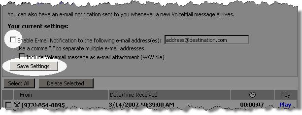 3. If the Enable E-mail Notification checkbox is checked, click the checkbox to remove the checkmark. 4. Click the Save Settings button. The VoiceMail e-mail notification is disabled.