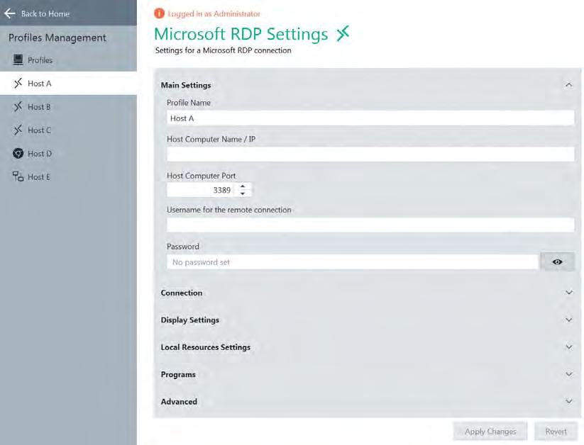 How-Tos Figure 10.2 Main settings of a Microsoft RDP profile 5. In "Profile Name," type an appropriate name for the current connection profile. 6.