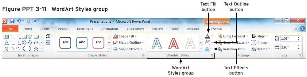 Modify WordArt and Shapes (cont) Ribbon and Shortcut Methods (cont): Format