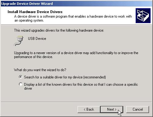 4. An Install Hardware Device Drivers window is shown. Click Next to initiate a search for a suitable driver for your device. 5. Select the Specify a location optional search locations.