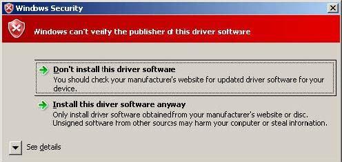 "Windows cannot verify the publisher of this driver software". Ignore the warning message by clicking on the option install this driver software anyway.