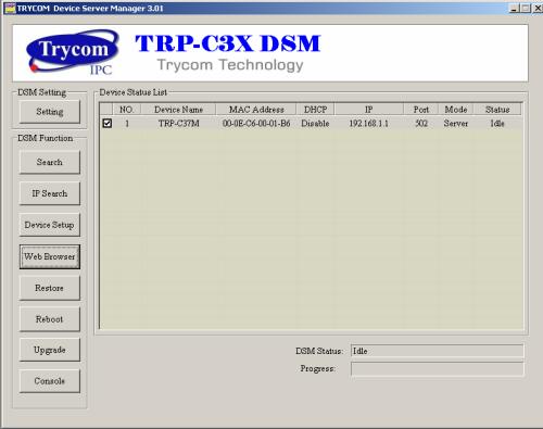 4-1. Using TRP-C3X DSM Utility. The TRP-C3X DSM software performs several functions: A: Searching for TRP-C37M connected to the network. B: Displaying and changing the configuration of TRP-C37M.