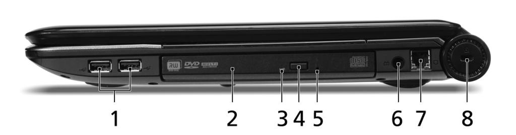 9 Right view 1 USB 2.0 port Connects to USB 2.0 devices (e.g., USB mouse, USB camera). 2 Optical drive Internal optical drive; accepts CDs or DVDs.