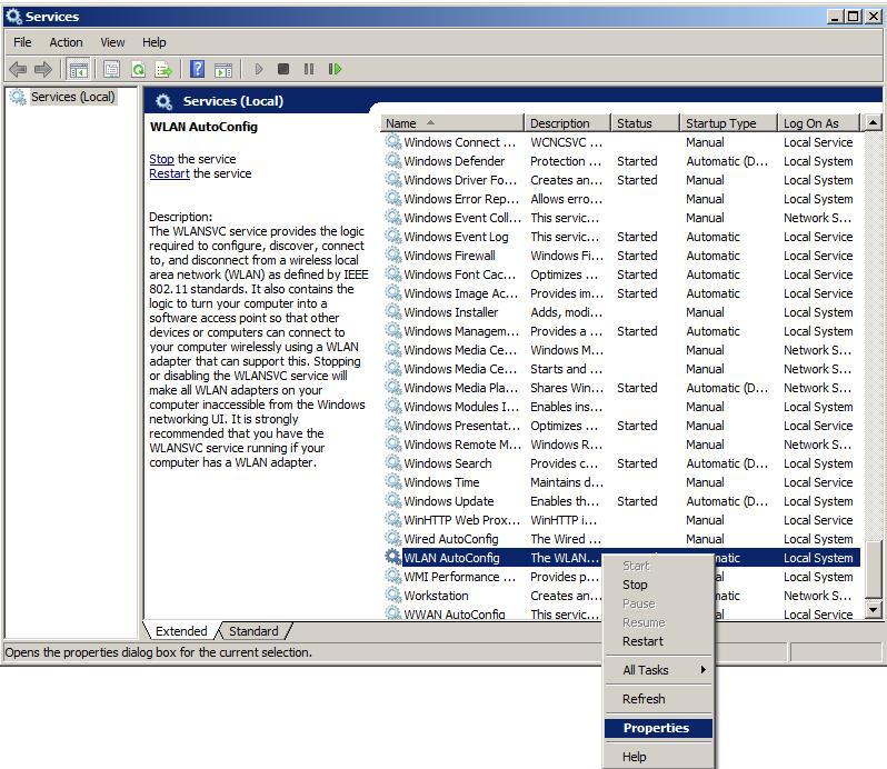 AcqKnowledge 5 with Mobita installation www.biopac.com Page 2 of 6 4. Scroll down to WLAN AutoConfig in the Services list. 5. Right-click on WLAN AutoConfig and select Properties.