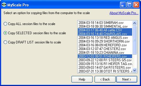 If you want to Select the files in the MyScale folder to be copied to the Weigh Scale. Then Select Copy SELECTED session files to Weigh Scale.