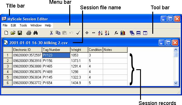 MyScale Session Editor overview Components of the MyScale Session Editor window are shown below. Session information is displayed in a spreadsheet containing rows and columns. Each row is numbered.