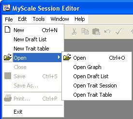 File menu Click File in the MyScale Session Editor to display the drop down File menu. Options available on the File menu are listed below. New Creates a new, empty session window.