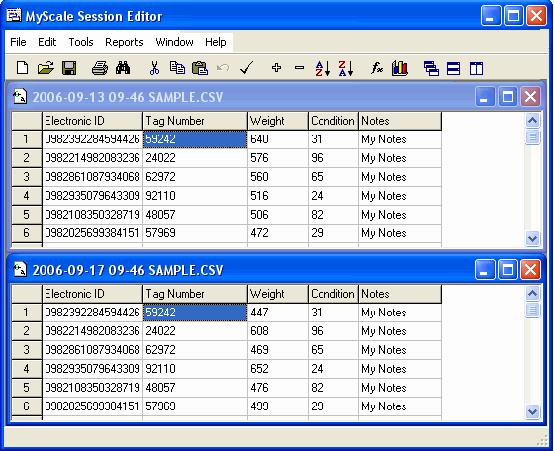 Tile Horizontally Arranges the open files one beneath the other. Each file displays across the full width of the MyScale Session Editor window.