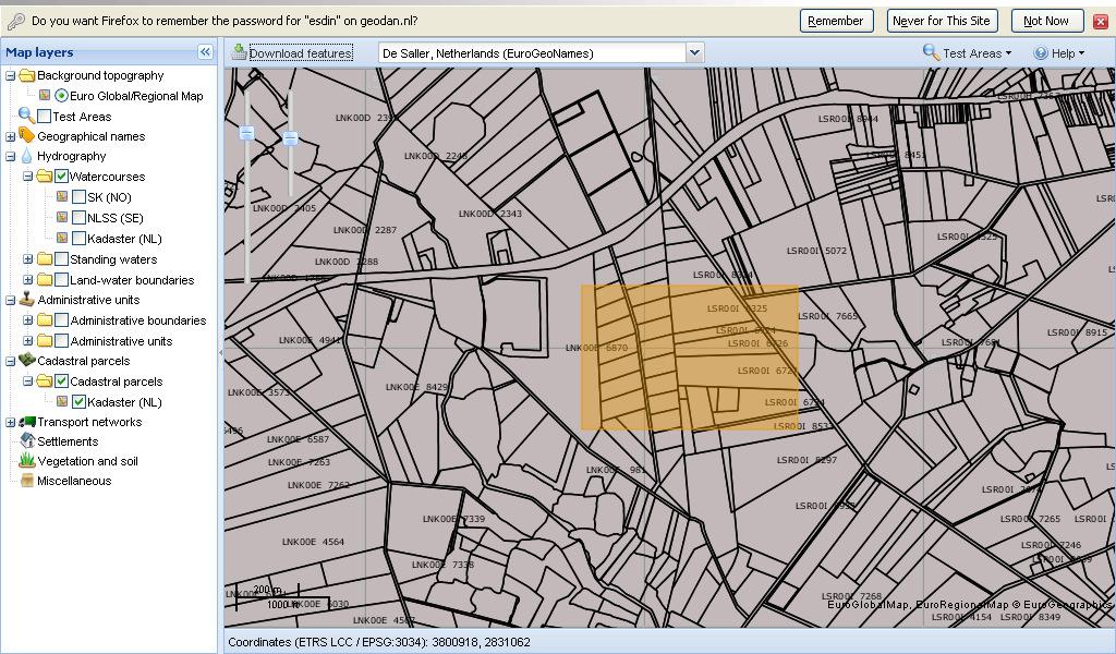 Figure 9: A user of the ELF/INSPIRE demonstrator is poised to download cadastral parcels from the Dutch Kadastre selected in the orange rectangle More information is available from www.esdin.eu: D 11.