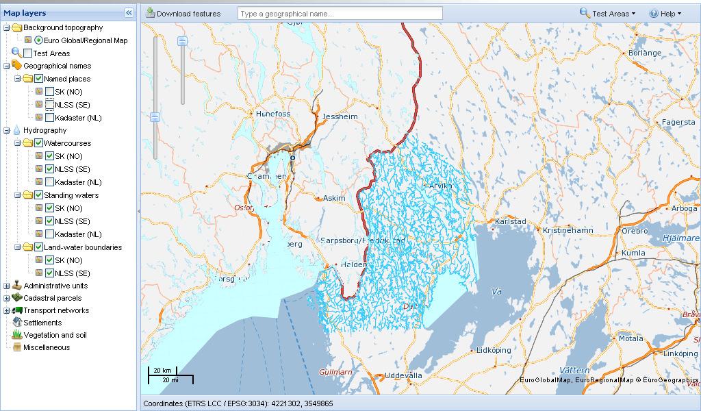 Figure 13: Swedish/ Norwegian borderhydrology from the ELF/INSPIRE demonstrator 4.