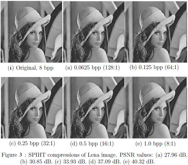 In Figure 3, several SPIHT compressions of the Lena image are shown at different bit rates. The original Lena image is shown in Figure 3(i).
