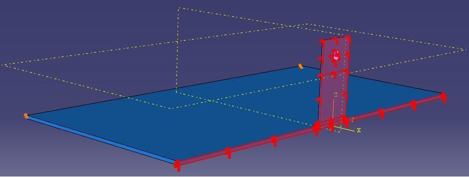 Boundary conditions consisted of pinned constraints at the two corners of the base plate furthest from the vertical plate, and an x-symmetry condition along the entire cut