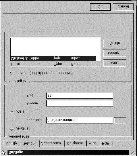 The Settings dialog box has six tabs: Identity, Network, Appearance, Composer, Misc, and PGP. At a minimum, you should visit the Identity and Network tab pages and provide the information required.