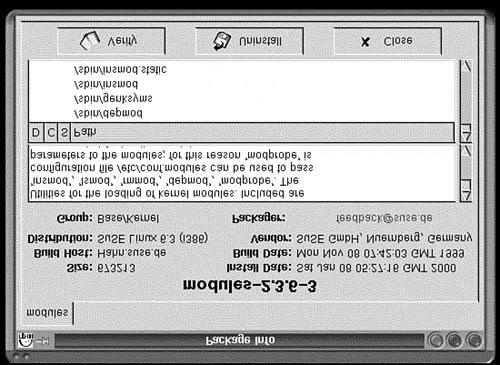 second scrollable text area showing the contents of the package. This window also has command buttons for Verify, Uninstall, and Close.