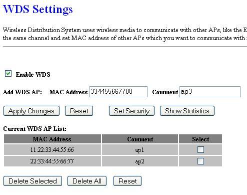 5.4.5 WDS Click on the WDS link under the Wireless menu. On this page you can configure the WDS (Wireless Distribution System) which allows the Access Point to function as a repeater.