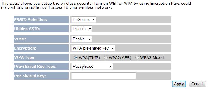4.5.3 WPA pre shared Key (Access Point) ESSID Selection Hidden SSID WMM Encryption WPA Type Pre shared Key Type Pre shared Key Apply / Cancel EOA7535 supports up to 4 different SSIDs.