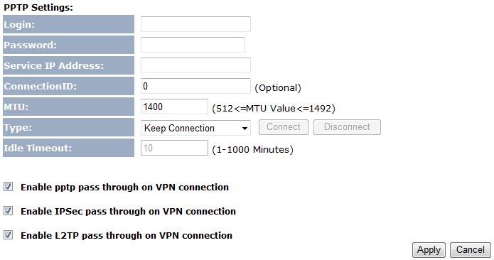 Login Password Service IP Address Connection ID MTU Type Idle Timeout Enable PPTP pass through on VPN Connection Enable IPSec pass through on VPN Connection Enable L2TP pass through on VPN Connection