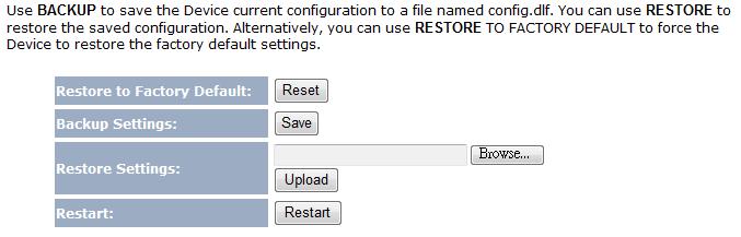 Restore to Factory Default Settings Backup Settings Restore Settings Restart Click on Reset button to reset all the settings to the default values. Click on Save to save current configured settings.