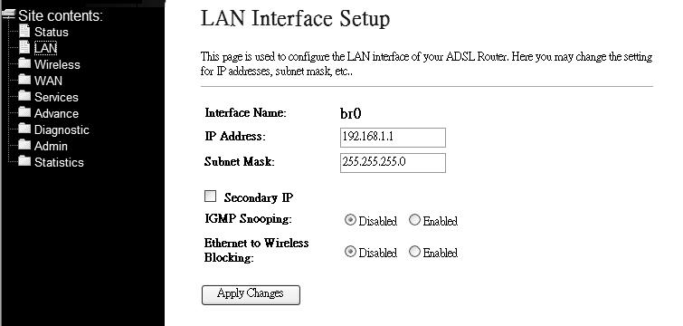 3.1 LAN Configuration This page shows the current setting of LAN interface. You can set IP address, subnet mask, and IGMP Snooping for LAN interface in this page.
