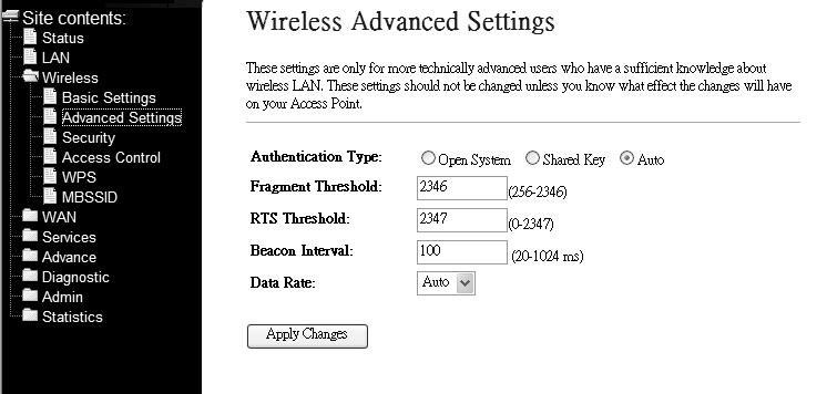 Function buttons in this page: Associated Clients Click it will show the clients currently associated with the ADSL modem. Apply Changes Change the settings.