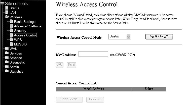Field Wireless Access Control Mode Disable : Disable the wireless ACL feature.