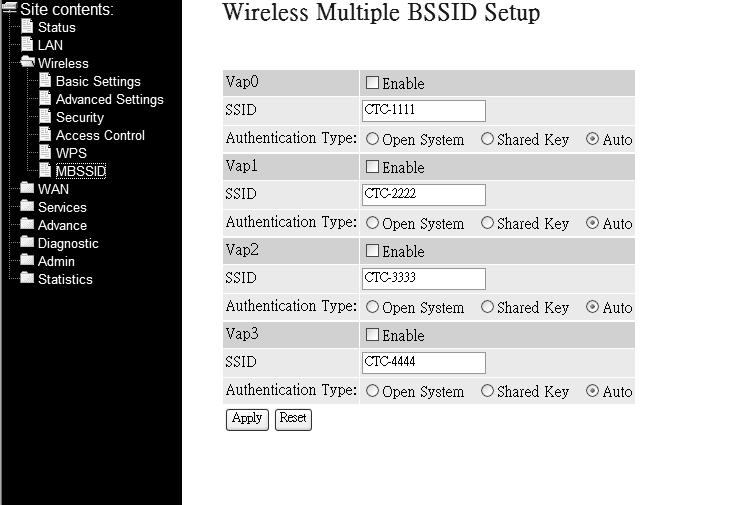 3.2.6 MBSSID This screen allows you to do the wireless multiple BSSID setup Apply Changes Click to