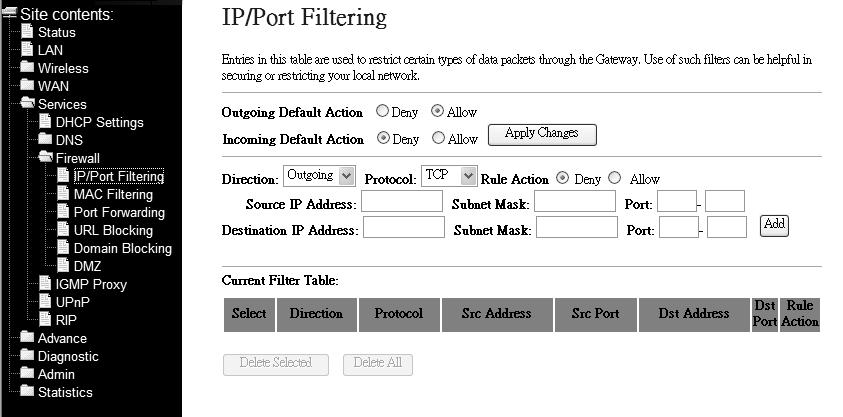 3.4.3 Firewall Configuration Firewall contains several features that are used to deny or allow traffic from passing through the device. 3.4.3.1 IP/Port Filtering The IP/Port filtering feature allows you to deny/allow specific services or applications in the forwarding path.