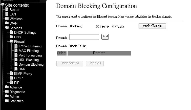 3.4.3.5 Domain Blocking This page is used to configure the Blocked domain. Here you can add/delete the blocked domain.