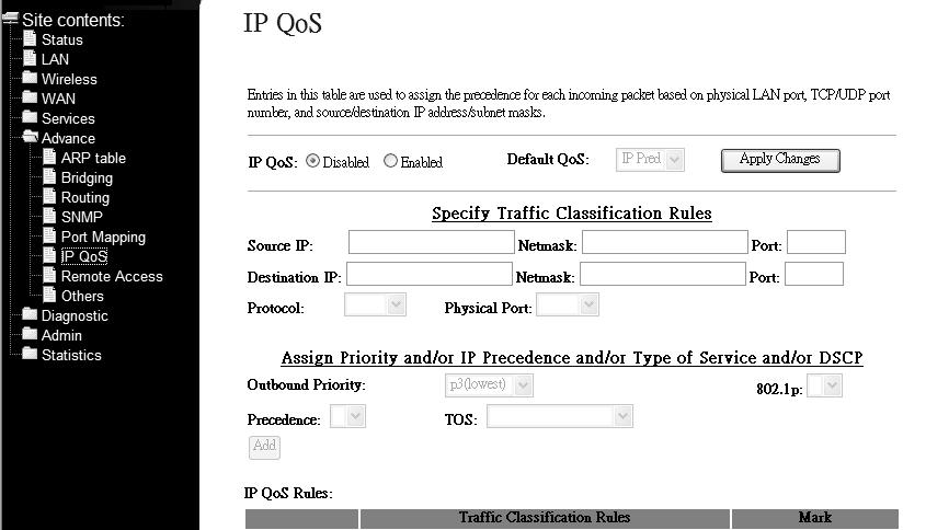 3.5.6 IP QoS The DSL device provides a control mechanism that can provide different priority to different users or data flows. The QoS is enforced by the QoS rules in the QoS table.